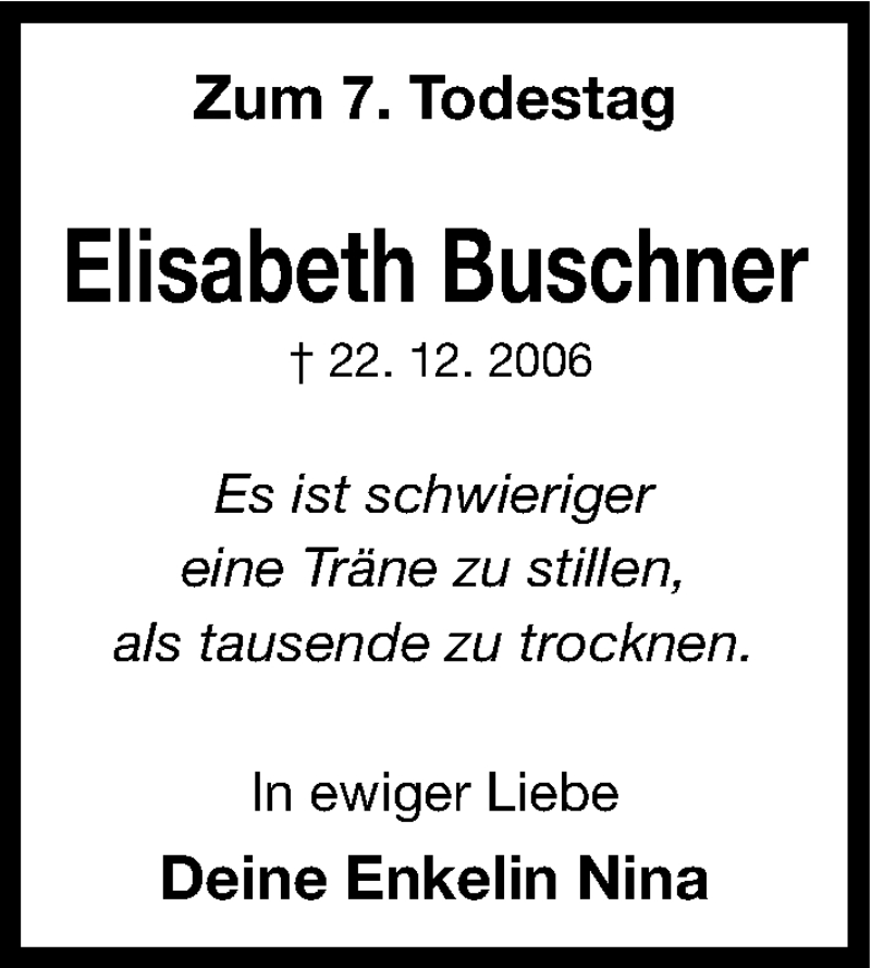  Traueranzeige für Elisabeth Buschner vom 21.12.2013 aus Erlanger Nachrichten Lokal