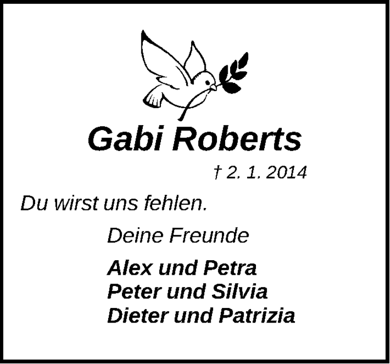  Traueranzeige für Gabriele Roberts vom 06.01.2014 aus Gesamtausgabe Nürnberger Nachrichten/ Nürnberger Ztg.