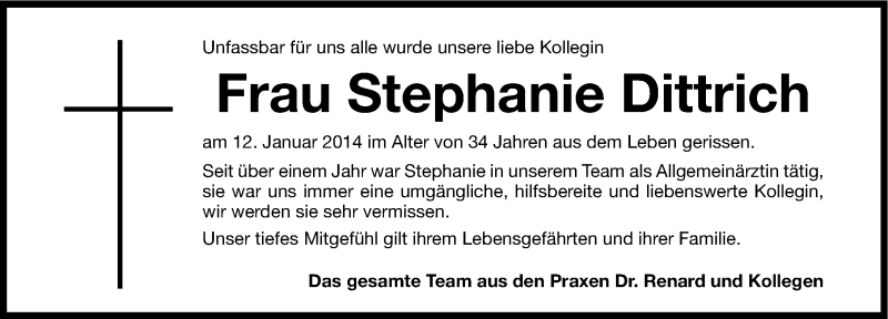  Traueranzeige für Stephanie Dittrich vom 15.01.2014 aus Gesamtausgabe Nürnberger Nachrichten/ Nürnberger Ztg.