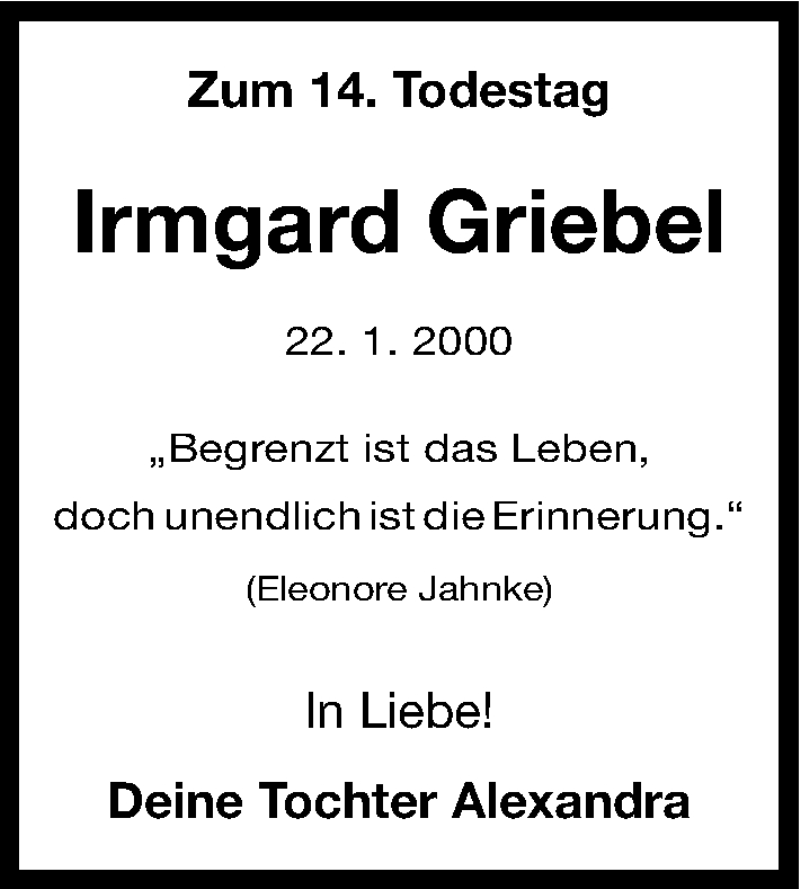  Traueranzeige für Irmgard Griebel vom 22.01.2014 aus Erlanger Nachrichten Lokal