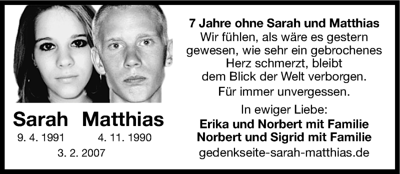  Traueranzeige für Sarah und Matthias  vom 03.02.2014 aus Fürther Nachrichten Lokal