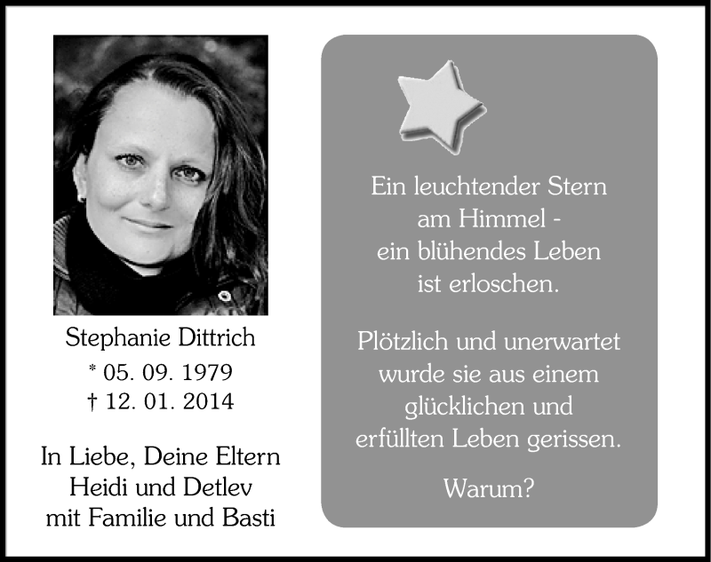  Traueranzeige für Stephanie Dittrich vom 05.02.2014 aus Roth-Hilpoltsteiner Volkszeitung Lokal