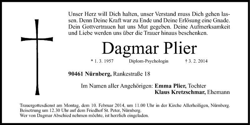  Traueranzeige für Dagmar Plier vom 06.02.2014 aus Gesamtausgabe Nürnberger Nachrichten/ Nürnberger Ztg.
