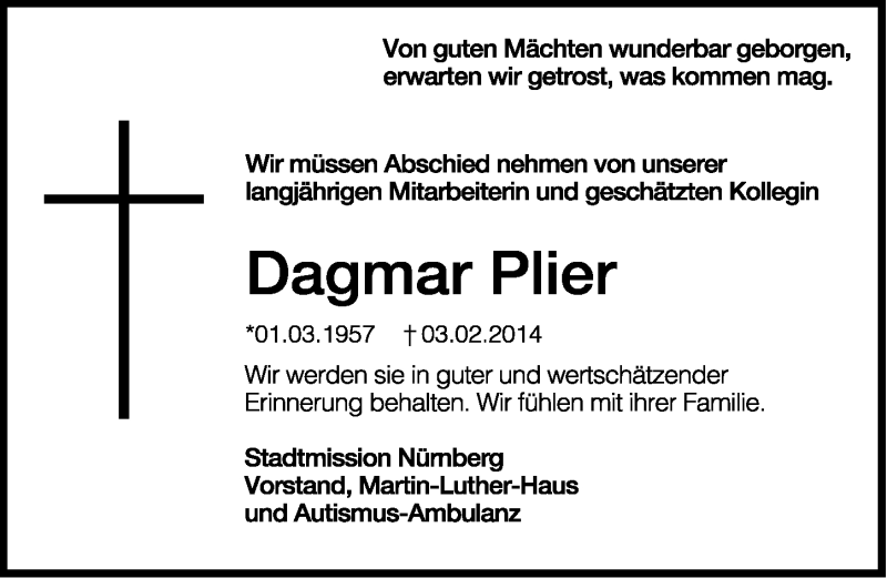  Traueranzeige für Dagmar Plier vom 06.02.2014 aus Gesamtausgabe Nürnberger Nachrichten/ Nürnberger Ztg.