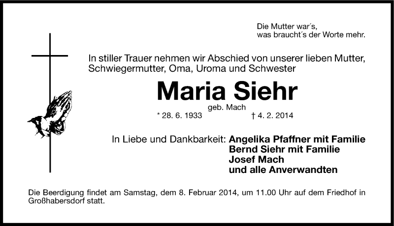  Traueranzeige für Maria Siehr vom 07.02.2014 aus Fürther Nachrichten Lokal
