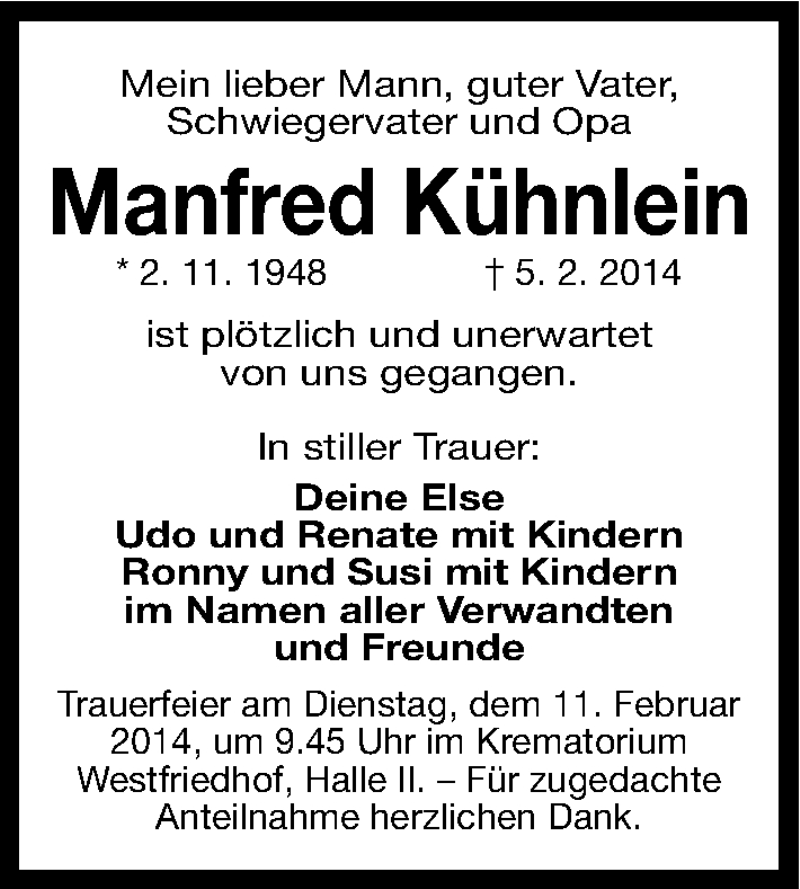  Traueranzeige für Manfred Kühnlein vom 08.02.2014 aus Gesamtausgabe Nürnberger Nachrichten/ Nürnberger Ztg.