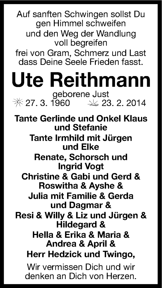  Traueranzeige für Ute Reithmann vom 08.03.2014 aus Gesamtausgabe Nürnberger Nachrichten/ Nürnberger Ztg.