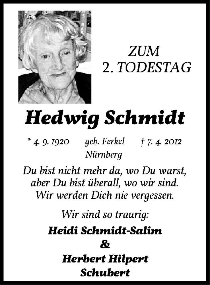  Traueranzeige für Hedwig Schmidt vom 07.04.2014 aus Gesamtausgabe Nürnberger Nachrichten/ Nürnberger Ztg.