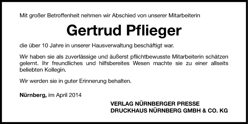  Traueranzeige für Gertrud Pflieger vom 19.04.2014 aus Gesamtausgabe Nürnberger Nachrichten/ Nürnberger Ztg.