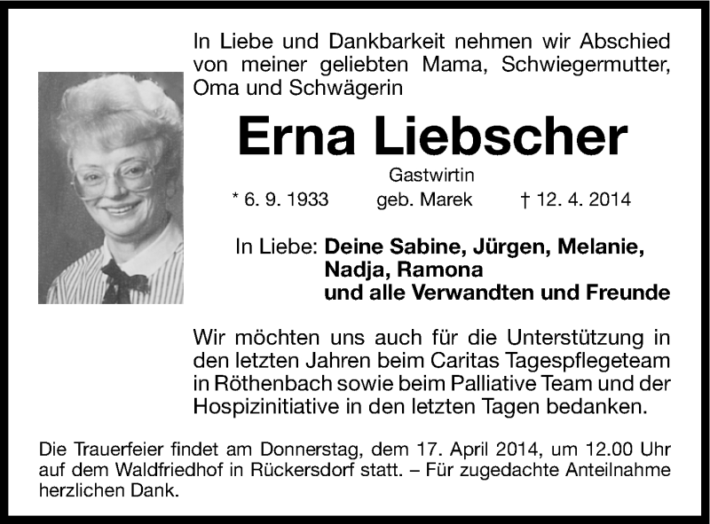  Traueranzeige für Erna Liebscher vom 15.04.2014 aus Gesamtausgabe Nürnberger Nachrichten/ Nürnberger Ztg.