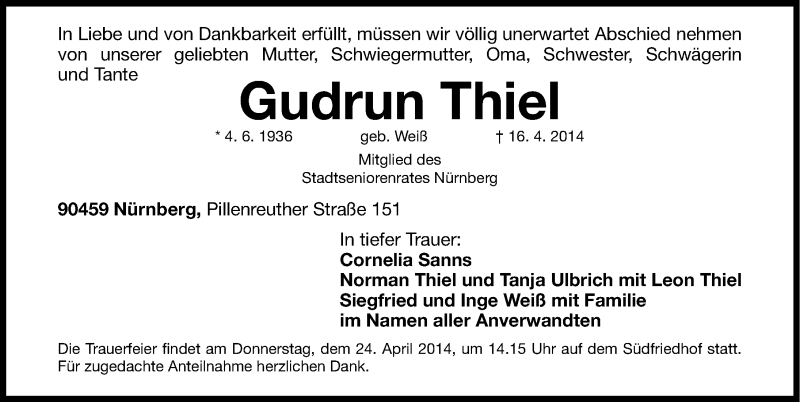  Traueranzeige für Gudrun Thiel vom 19.04.2014 aus Gesamtausgabe Nürnberger Nachrichten/ Nürnberger Ztg.