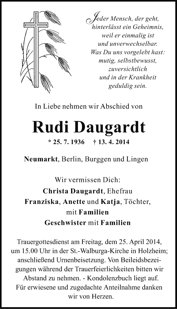  Traueranzeige für Rudi Daugardt vom 23.04.2014 aus Neumarkter Nachrichten Lokal