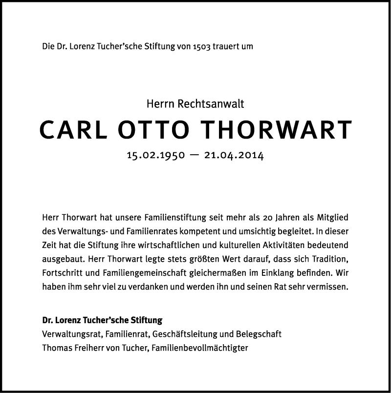  Traueranzeige für Carl Otto Thorwart  vom 26.04.2014 aus Gesamtausgabe Nürnberger Nachrichten/ Nürnberger Ztg.