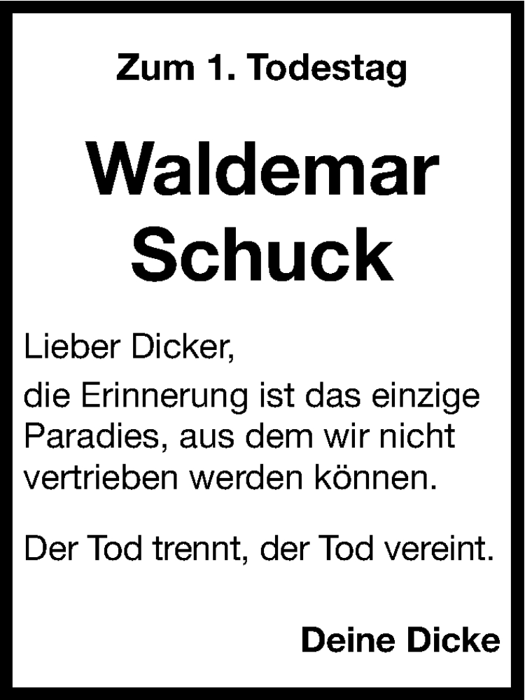  Traueranzeige für Waldemar Schuck vom 13.05.2014 aus Gesamtausgabe Nürnberger Nachrichten/ Nürnberger Ztg.