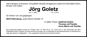 Traueranzeige von Jörg Goletz von Gesamtausgabe Nürnberger Nachrichten/ Nürnberger Ztg.