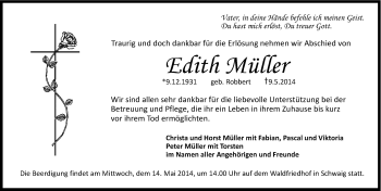 Traueranzeige von Edith Wlüller von Gesamtausgabe Nürnberger Nachrichten/ Nürnberger Ztg.