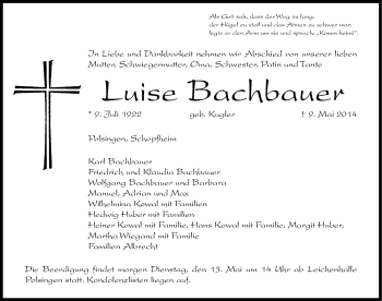 Traueranzeige von Luise Bachbauer von Altmühl-Bote Lokal