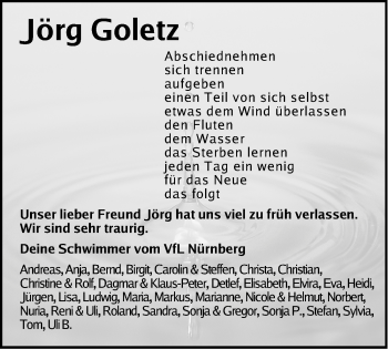 Traueranzeige von Jörg Goletz von Gesamtausgabe Nürnberger Nachrichten/ Nürnberger Ztg.