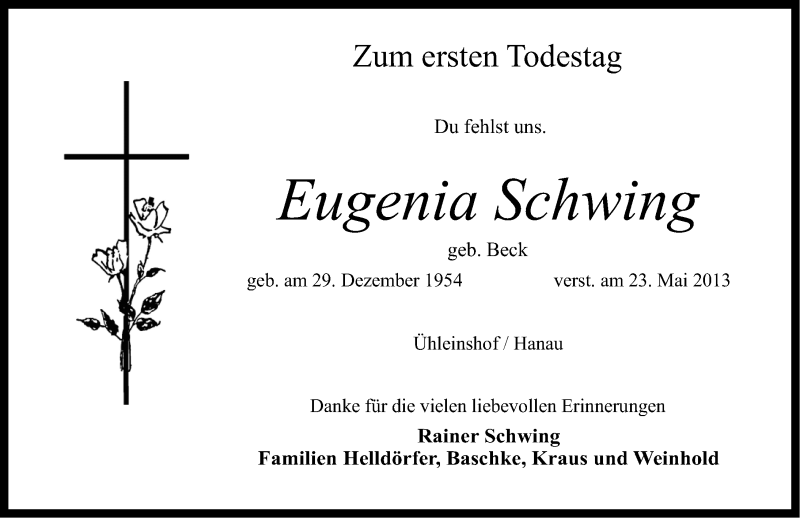  Traueranzeige für Eugenia Schwing vom 23.05.2014 aus Nordbayerische Nachrichten Forchheim Lokal