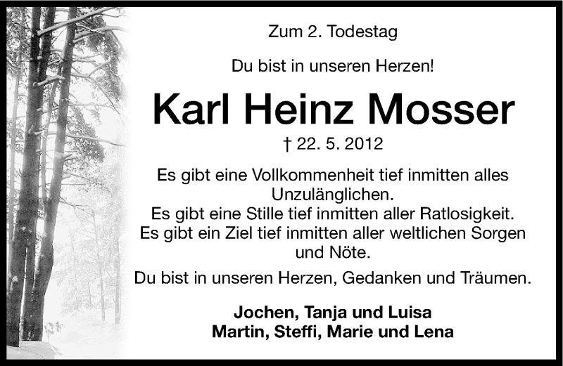  Traueranzeige für Karl Heinz Mosser vom 22.05.2014 aus Altmühl-Bote Lokal