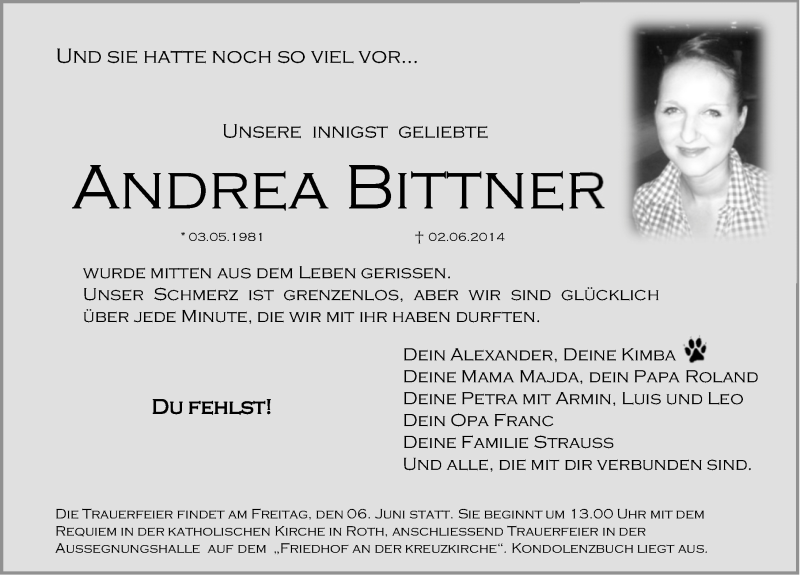  Traueranzeige für Andrea Bittner vom 05.06.2014 aus Roth-Hilpoltsteiner Volkszeitung Lokal