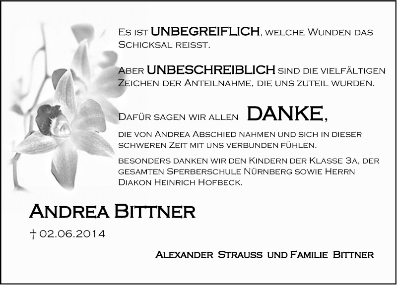  Traueranzeige für Andrea Bittner vom 21.06.2014 aus Roth-Hilpoltsteiner Volkszeitung Lokal