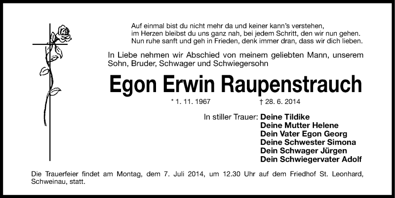  Traueranzeige für Egon Erwin Raupenstrauch vom 05.07.2014 aus Gesamtausgabe Nürnberger Nachrichten/ Nürnberger Ztg.