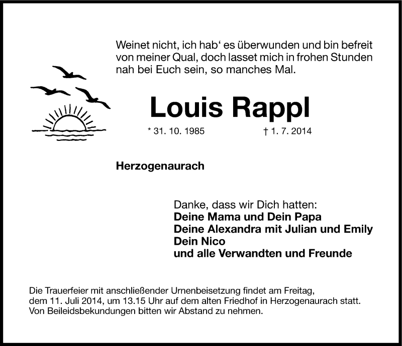  Traueranzeige für Louis Rappl vom 05.07.2014 aus Nordbayerische Nachrichten Herzogenaurach Lokal