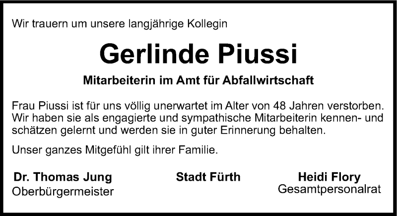  Traueranzeige für Gerlinde Piussi vom 16.07.2014 aus Fürther Nachrichten Lokal