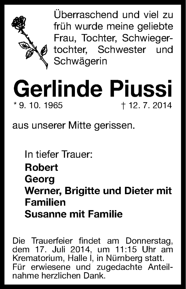  Traueranzeige für Gerlinde Piussi vom 15.07.2014 aus Gesamtausgabe Nürnberger Nachrichten/ Nürnberger Ztg.
