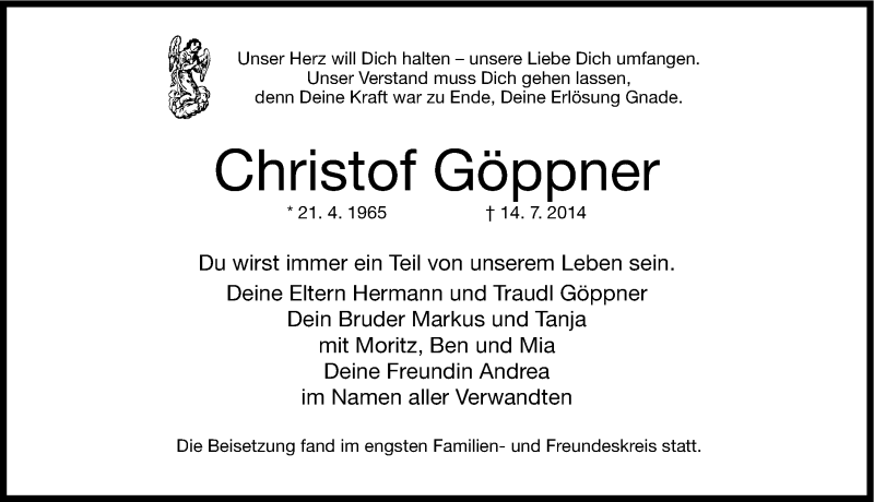  Traueranzeige für Christof Göppner vom 19.07.2014 aus Fürther Nachrichten Lokal