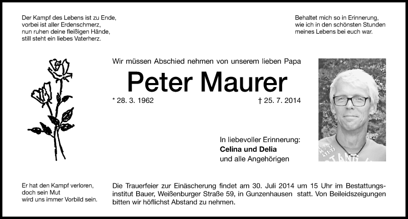  Traueranzeige für Peter Maurer vom 28.07.2014 aus Altmühl-Bote Lokal
