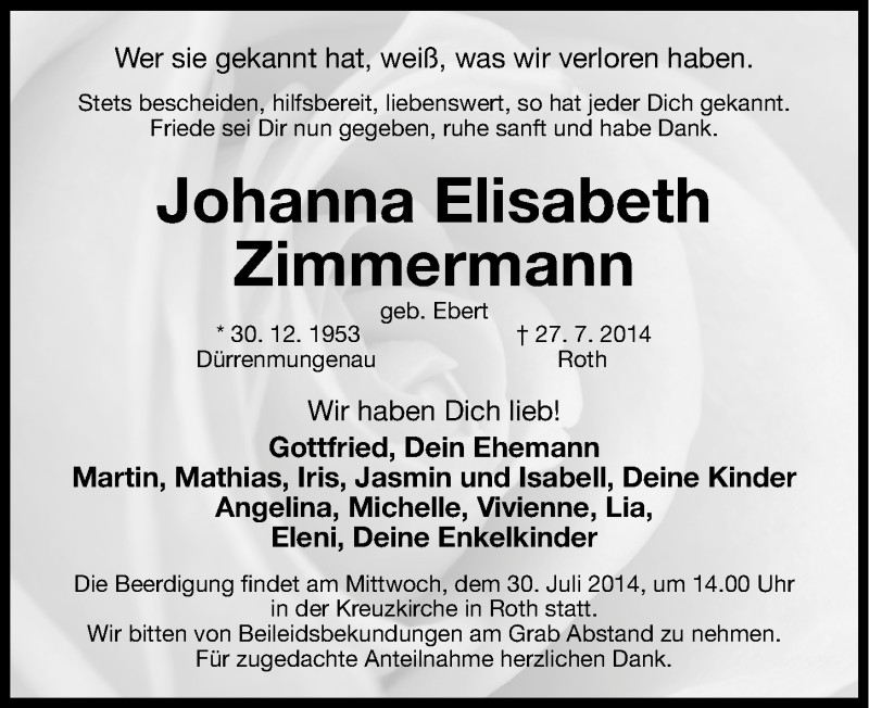  Traueranzeige für Johanna Elisabeth Zimmermann vom 29.07.2014 aus Gesamtausgabe Nürnberger Nachrichten/ Nürnberger Ztg.