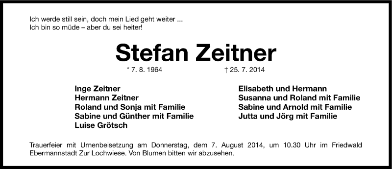  Traueranzeige für Stefan Zeitner vom 30.07.2014 aus Erlanger Nachrichten Lokal