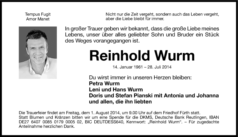  Traueranzeige für Reinhold Wurm vom 30.07.2014 aus Fürther Nachrichten Lokal