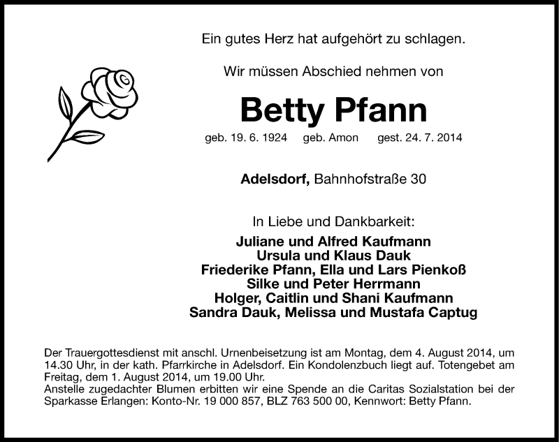  Traueranzeige für Betty Pfann vom 01.08.2014 aus Nordbayerische Nachrichten Herzogenaurach Lokal