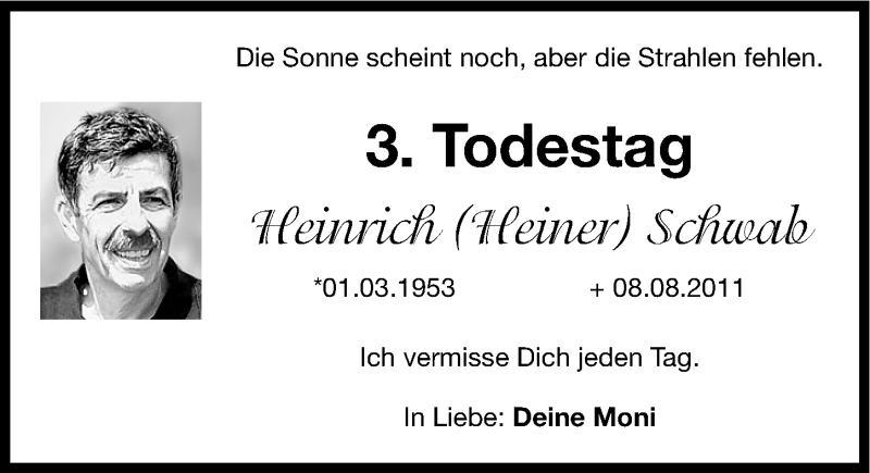 Traueranzeige für Heinrich Schwab vom 08.08.2014 aus Gesamtausgabe Nürnberger Nachrichten/ Nürnberger Ztg.