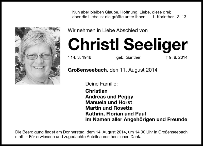  Traueranzeige für Christl Seeliger vom 11.08.2014 aus Erlanger Nachrichten Lokal