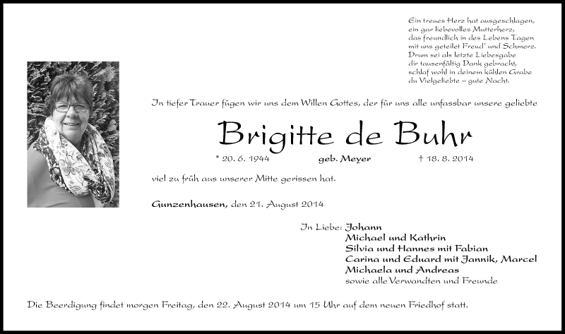  Traueranzeige für Brigitte de Buhr vom 21.08.2014 aus Altmühl-Bote Lokal