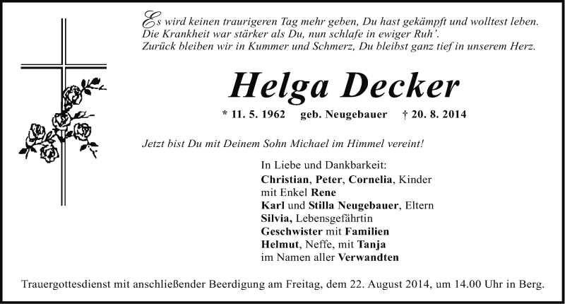  Traueranzeige für Helga Decker vom 21.08.2014 aus Neumarkter Nachrichten Lokal