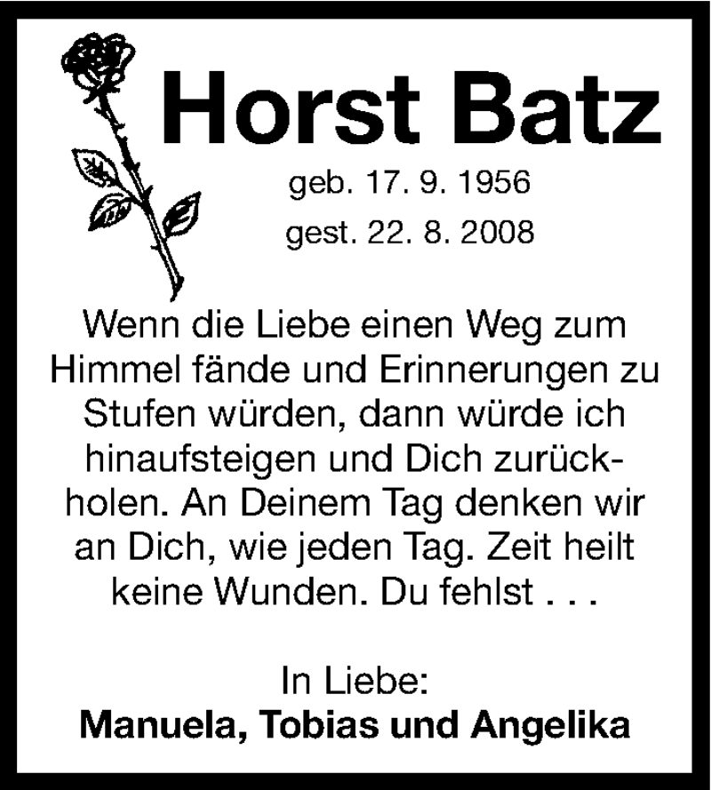  Traueranzeige für Horst Batz vom 13.09.2014 aus Erlanger Nachrichten Lokal