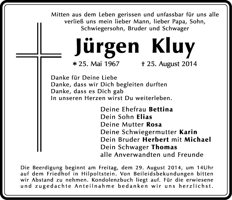  Traueranzeige für Jürgen Kluy vom 28.08.2014 aus Roth-Hilpoltsteiner Volkszeitung Lokal