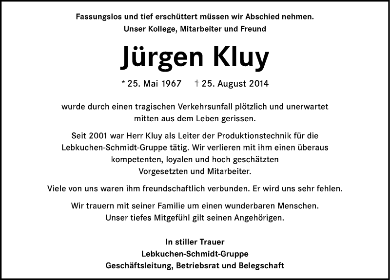  Traueranzeige für Jürgen Kluy vom 29.08.2014 aus Gesamtausgabe Nürnberger Nachrichten/ Nürnberger Ztg.