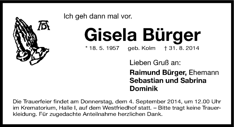  Traueranzeige für Gisela Bürger vom 02.09.2014 aus Gesamtausgabe Nürnberger Nachrichten/ Nürnberger Ztg.