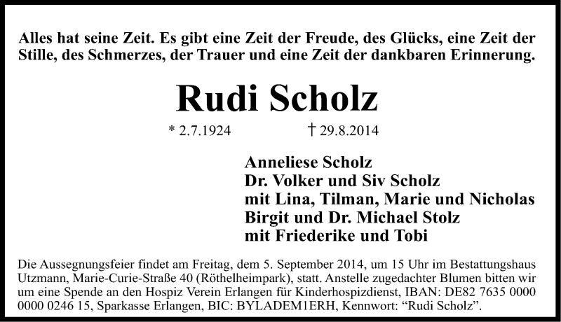  Traueranzeige für Rudi Scholz vom 02.09.2014 aus Erlanger Nachrichten Lokal