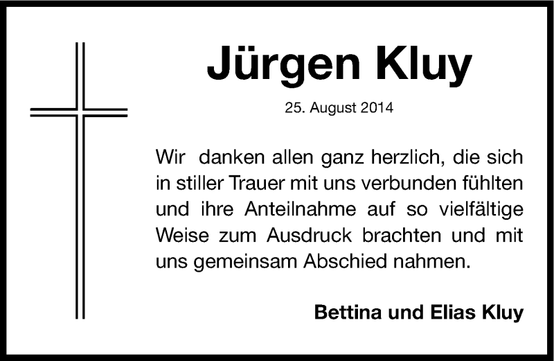  Traueranzeige für Jürgen Kluy vom 06.09.2014 aus Roth-Hilpoltsteiner Volkszeitung Lokal