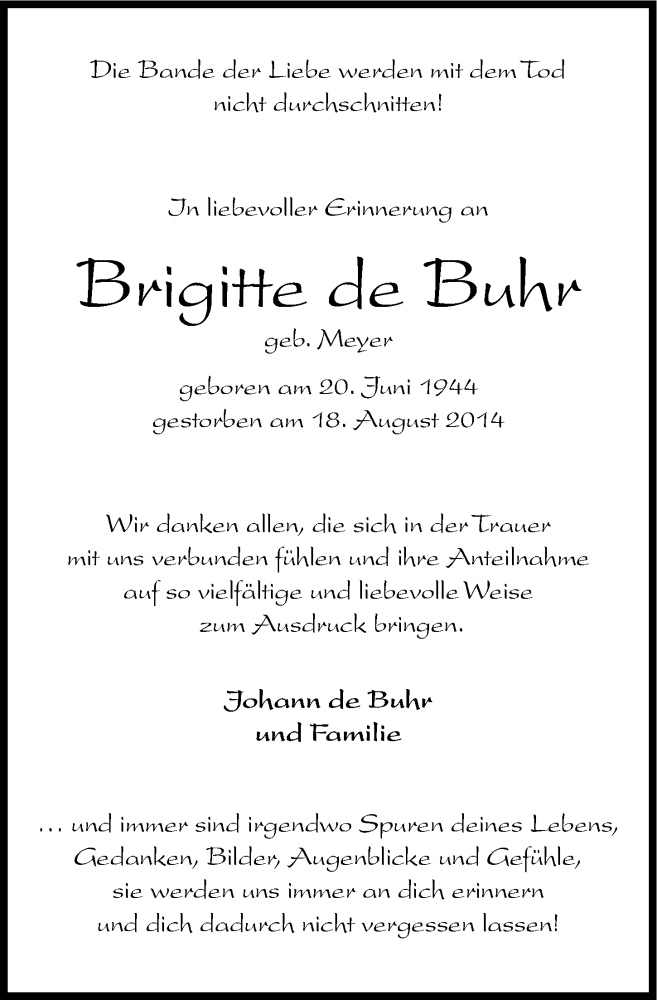  Traueranzeige für Brigitte de Buhr vom 05.09.2014 aus Altmühl-Bote Lokal