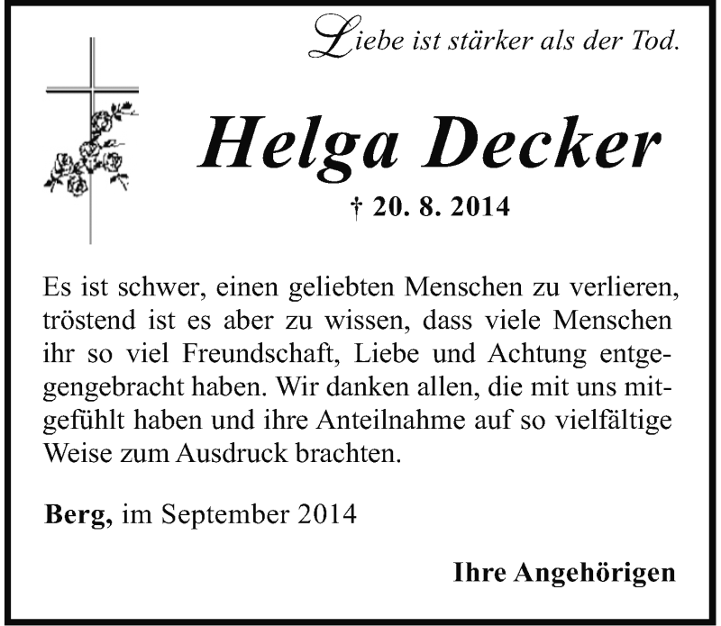  Traueranzeige für Helga Decker vom 13.09.2014 aus Neumarkter Nachrichten Lokal