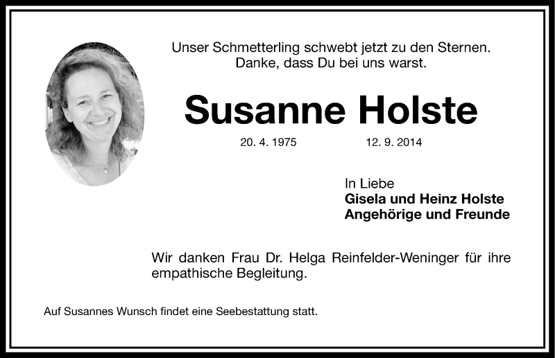  Traueranzeige für Susanne Holste vom 16.09.2014 aus Erlanger Nachrichten Lokal