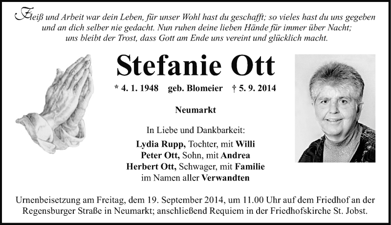  Traueranzeige für Stefanie Ott vom 16.09.2014 aus Neumarkter Nachrichten Lokal